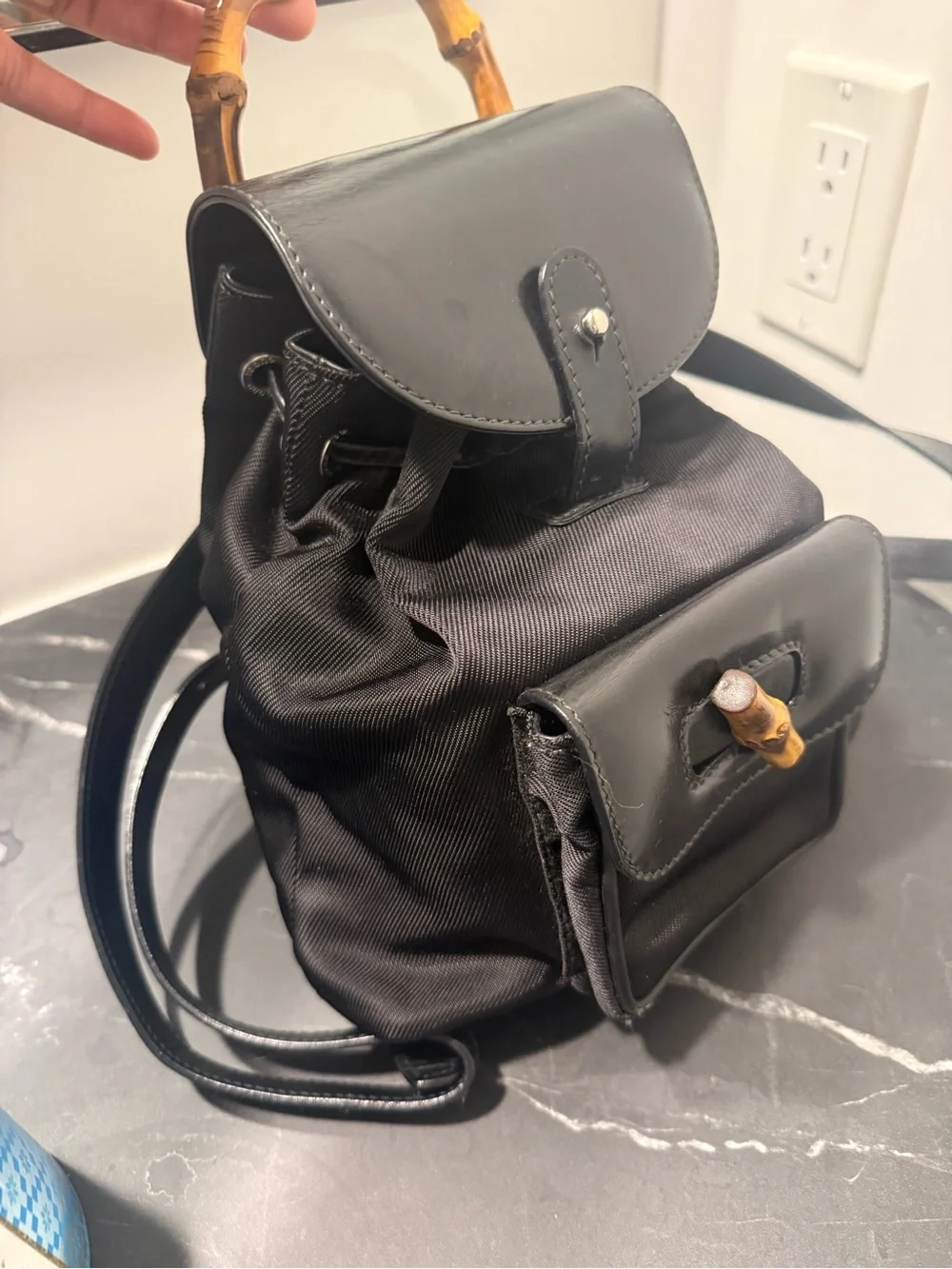Mini Gucci Black Leather bamboo backpack with Drawstring